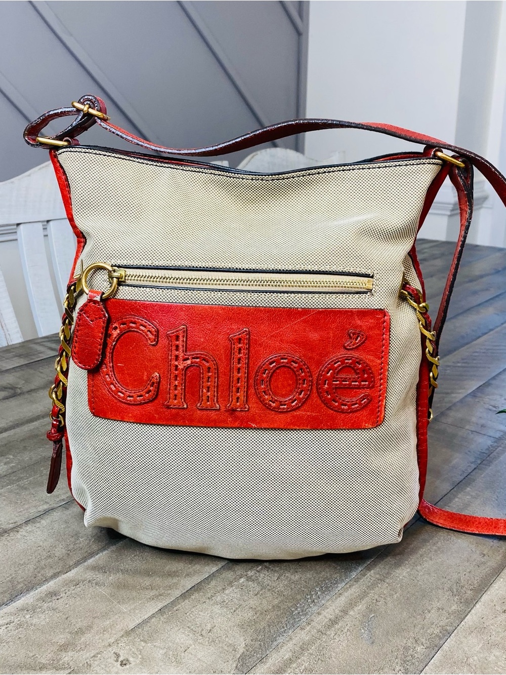 Vintage Chloé Harley Canvas Leather Crossbody Shoulder Bag Beige Red Y2K Phoebe - Picture 2 of 15